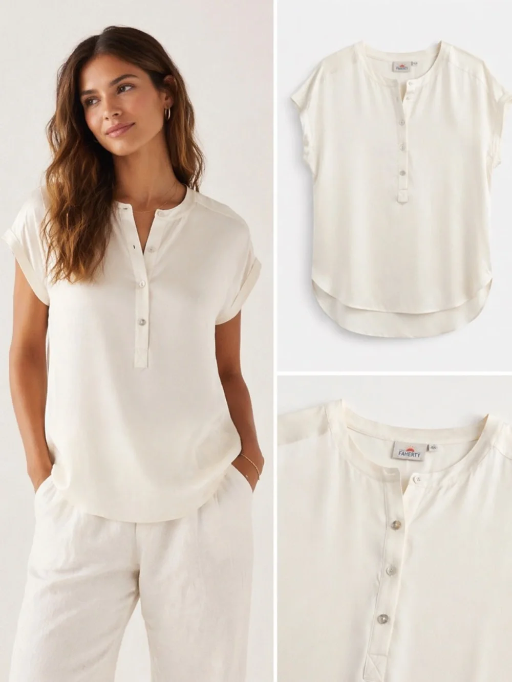 Faherty Ivory Silk Henley Blouse Relaxed Fit Coastal Luxe Top NWT Sz M - Picture 2 of 2